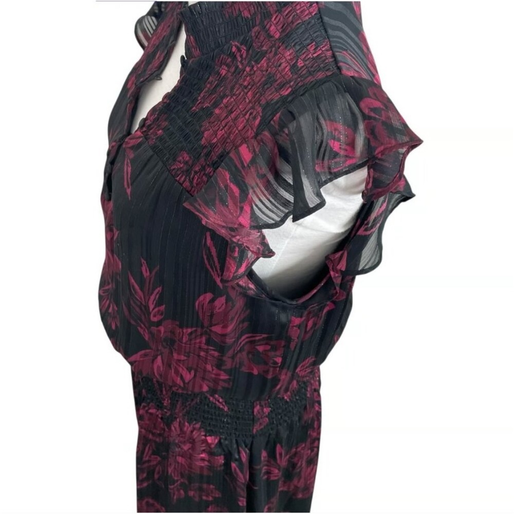 NWT WHBM Smocked Waist Midi‎ Ruffle Black Floral Shimmer Black Dahlia High Neck - Picture 5 of 9